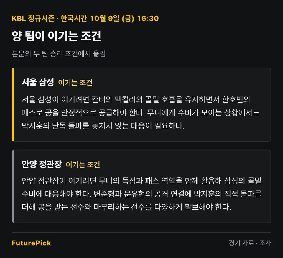 서울 삼성 vs 안양 정관장 양 팀이 이기는 조건. 서울 삼성: 서울 삼성이 이기려면 칸터와 맥컬러의 골밑 호흡을 유지하면서 한호빈의 패스로 공을 안정적으로 공급해야 한다. 무니에게 수비가 모이는 상황에서도 박지훈의 단독 돌파를 놓치지 않는 대응이 필요하다. / 안양 정관장: 안양 정관장이 이기려면 무니의 득점과 패스 역할을 함께 활용해 삼성의 골밑 수비에 대응해야 한다. 변준형과 문유현의 공격 연결에 박지훈의 직접 돌파를 더해 공을 받는 선수와 마무리하는 선수를 다양하게 확보해야 한다.